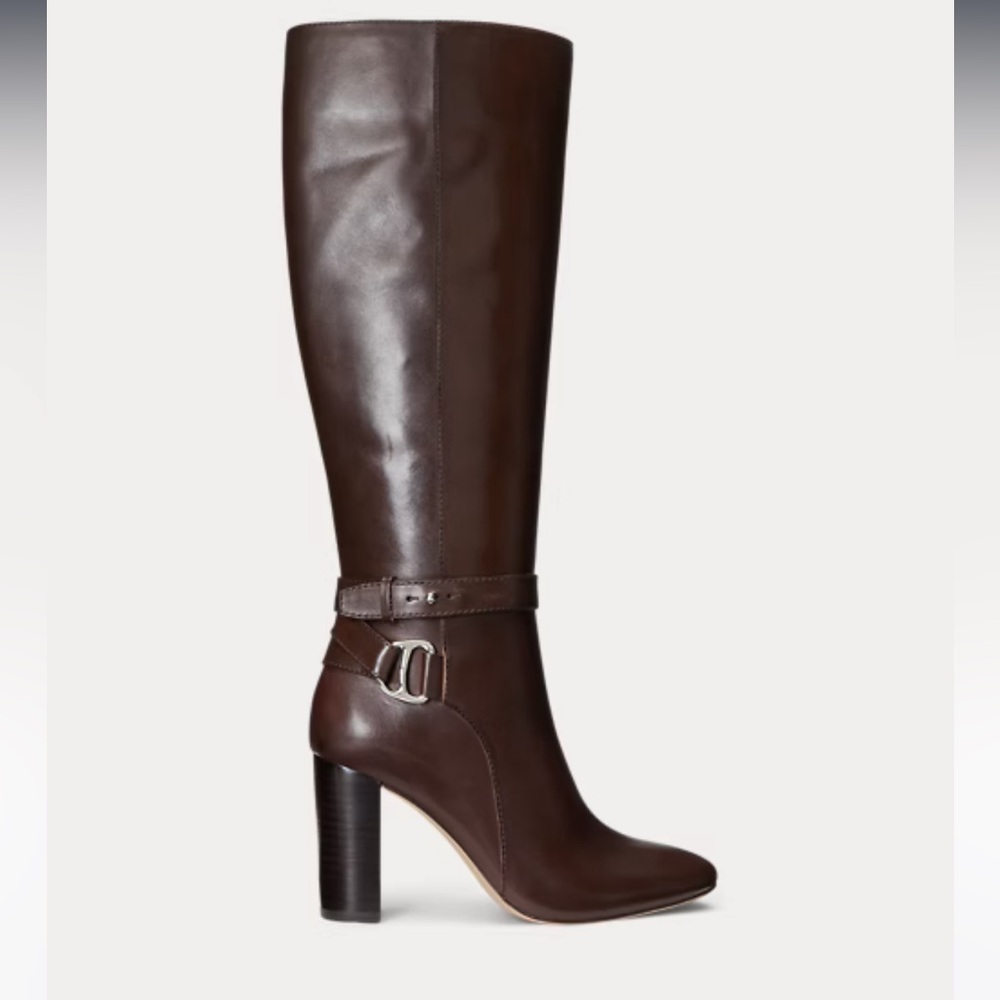Ralph Lauren Heeled Boot Brown Makenna Leather Zip Up Boot Buckle Riding Boot